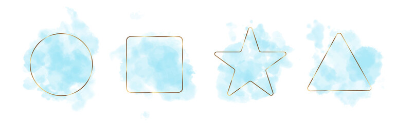 Set of gold geometric frames. Blue watercolor stains. The frame is triangular, star and round, square. Vector illustration on an isolated white background.
