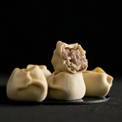 Dumplings stuffed with minced meat on black background. Cooked dumplings cross section. Convenience Food. Side view. Square format. Soft focus. Close-up shot. Copy space.