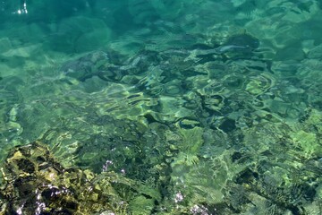 Crystal clear water with blurred seabed and sun reflection
