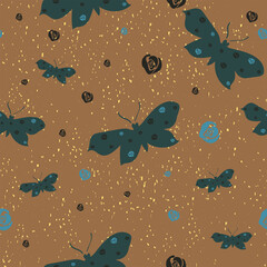Butterflies in dark green with gold texture on brown background, seamless pattern, vector