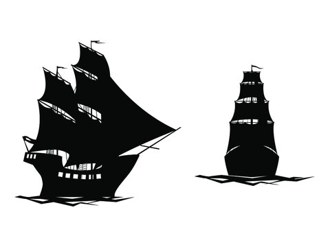 black and white vector illustration depicting old sailing ships for prints on clothes, banners, notebook covers and also for use in decorations for thematic rooms