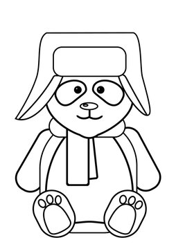 A funny panda sits in a hat with earflaps and a scarf. Vector illustration of doodle outline.