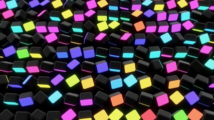 3d render. Dark background with abstract blocks on plane like devices with screen lighting with multicolor neon light.