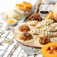 Dumplings stuffed with chopped or minced meat and pumpkin. Convenience Food. Making process. Slices of raw dough with filling on kitchen table. Side view. Square format. Soft focus.