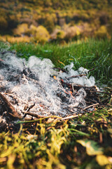Rising smoke from flaming wood and hot ashes among the field, burning tree branches in springtime as a cleaning service for nature. Campfire and smoke concept