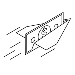 Icon paper airplane with dollar. A banknote is flying on a paper plane. 	
