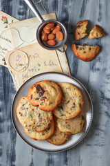 Chocolate chips cookies with almonds