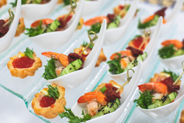 Catering table, beautifully decorated banquet with variety of with different food snacks and appetizers on corporate birthday party event or wedding celebration, seafood, canape, delicatessen setting