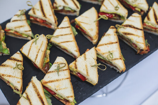 Catering table, beautifully decorated banquet with variety of with different food snacks and appetizers on corporate birthday party event or wedding celebration, seafood, canape, delicatessen setting