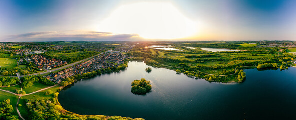 Panoramic drone aerial view of Manvers Lake, Rotherham, South Yorkshire