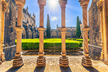 Batalha - June 22, 2021: Inner courtyard of the Majestic Batalha Monastery, Portugal