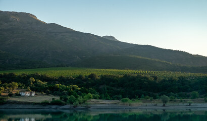 Obraz premium Vineyards surrounded by rocky mountains in the early morning next to a mountain lake.