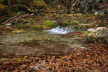 View of the river flowing from a mountain waterfall in autumn.