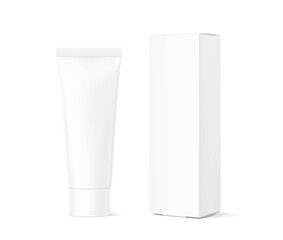 Blank plastic tube for cosmetics with cardboard box mockup. Front view. Vector illustration isolated on background. Can be use for your design, advertising, promo and etc. EPS10.	