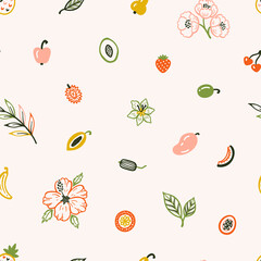 Tropical Floral Fruit Seamless Pattern. Summer Background with Fruits, Berries, Flowers and Leaves. Vector illustration