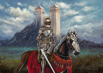 Oil paintings landscape, fine art. Medieval knight with sword, rider on horse. - obrazy, fototapety, plakaty