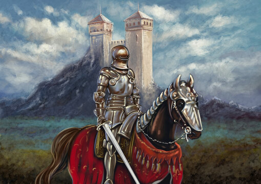 Oil Paintings Landscape, Fine Art. Medieval Knight With Sword, Rider On Horse.