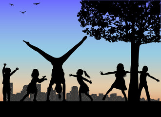  Silhouettes of children playing. Silhouettes conceptual.