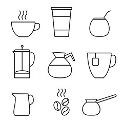Set of linear icons for coffeeshop. Cup, Teapot, Cup, Coffee, Milkman, Turka, Coffee Maker, Mug, Calabasas, Bombilla.