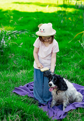 a small, beautiful girl in a hat, combing her dog, in the park on a blanket and green grass