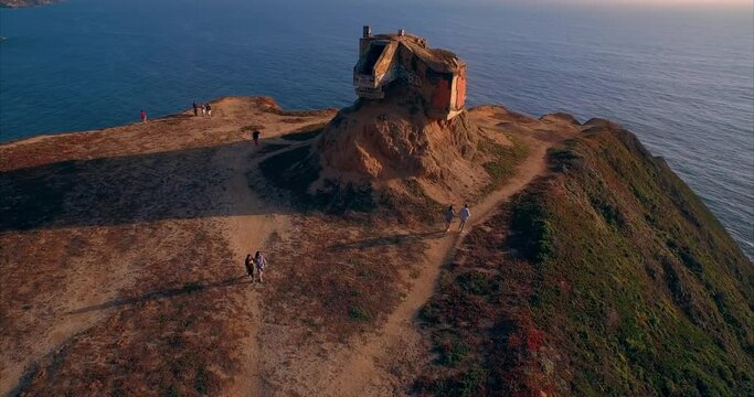 Aerial: Devils Slide military bunker. Pacifica. California, USA