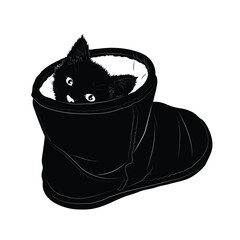 Vector illustration. Silhouette of domestic kitten sitting in a boot. EPS Silhouette