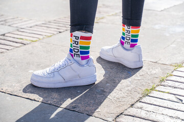 Bogota, Colombia, Sunday, July 4, 2021, rainbow socks at the gay pride parade in the city center