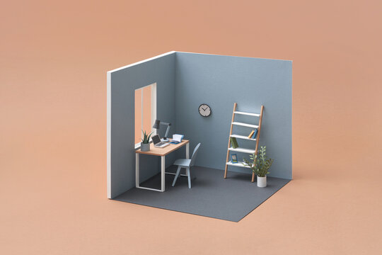 Craft paper room with table and objects