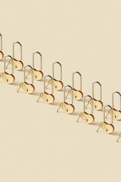 Rows of golden heart shaped locks with keys