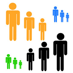 Multi-colored sets of pictograms of a person of different height, isolated on a white background, in a flat design style. 