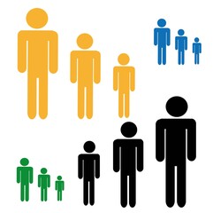 Multi-colored sets of pictograms of a person of different height, isolated on a white background, in a flat design style.