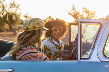 Happy Friends arrive at destination on Beautiful Sunny Afternoon 