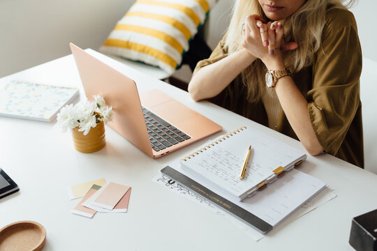 Close Up Woman Sitting At The Desk 