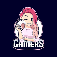 Cute stylish gamer girl with pink hair mascot logo - obrazy, fototapety, plakaty