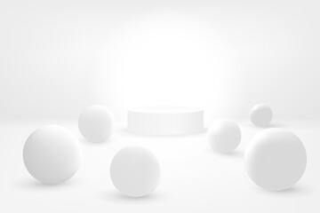 Abstract futuristic 3D background. White cylinder surrounded by white balls on a white surface