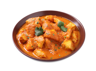 Bowl of delicious chicken curry on white background