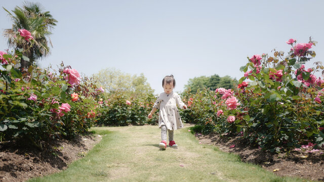 Asian babygirl walking in the garden