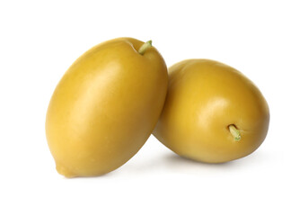 Ripe raw green olives on white background