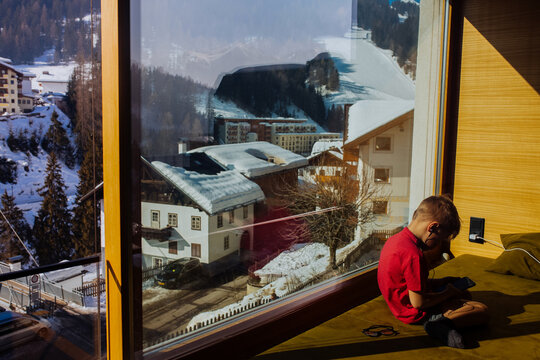 Mountains outside the window.