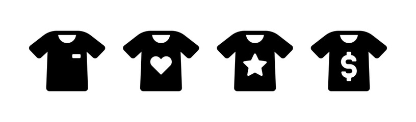 T-shirt icon set. T-shirt with blank, love, star and dollar detail. Apparel store concept