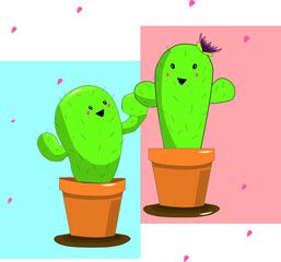 Cactus expresando amistad y amor, con fondo de color rosado y azul