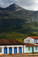 The main square of small Catas Altas colonial mining town surrounded by the mountains of the Serra do Caraça, Minas Gerais, Brazil