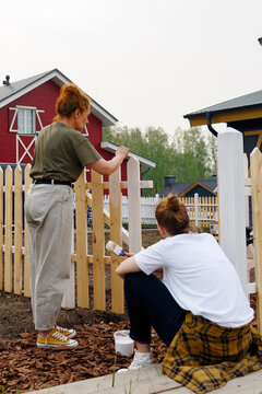 women paint the fence of a country house