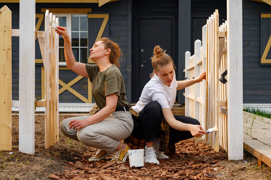 women paint the fence of a country house