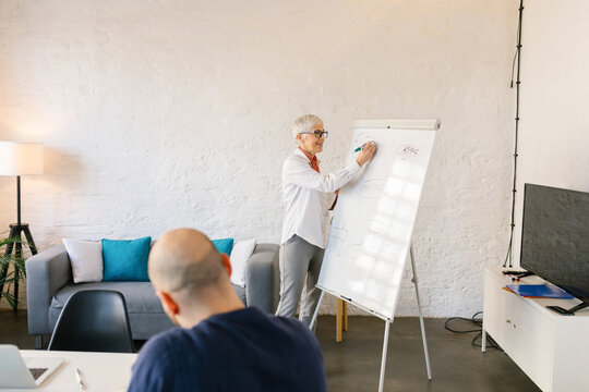 Senior businesswoman using flipchart for presentation in conference room.  