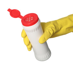 Woman holding bottle of toilet cleaning powder on white background, closeup