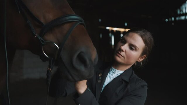 Horse Owner fixing bridle of her dark brown horse in the stable. The girl is dressed in a black coat. Close-up view of a horse head. Preparing for the horse riding competition.