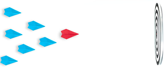 Origami paper plane dart in the bullseye. business competition, competitive advantage.