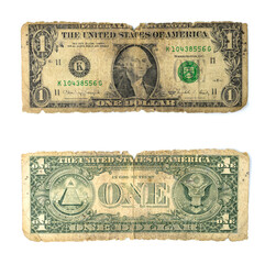 Very old shabby 1 dollar bill, torn, with stains and mold isolated on white background. View from both sides.