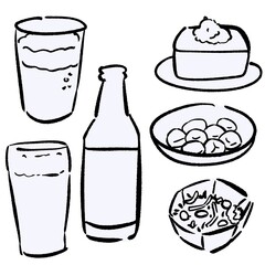 手描きのおつまみイラストセット・冷ややっこと里芋の煮物とひじきの煮物とビール・白黒